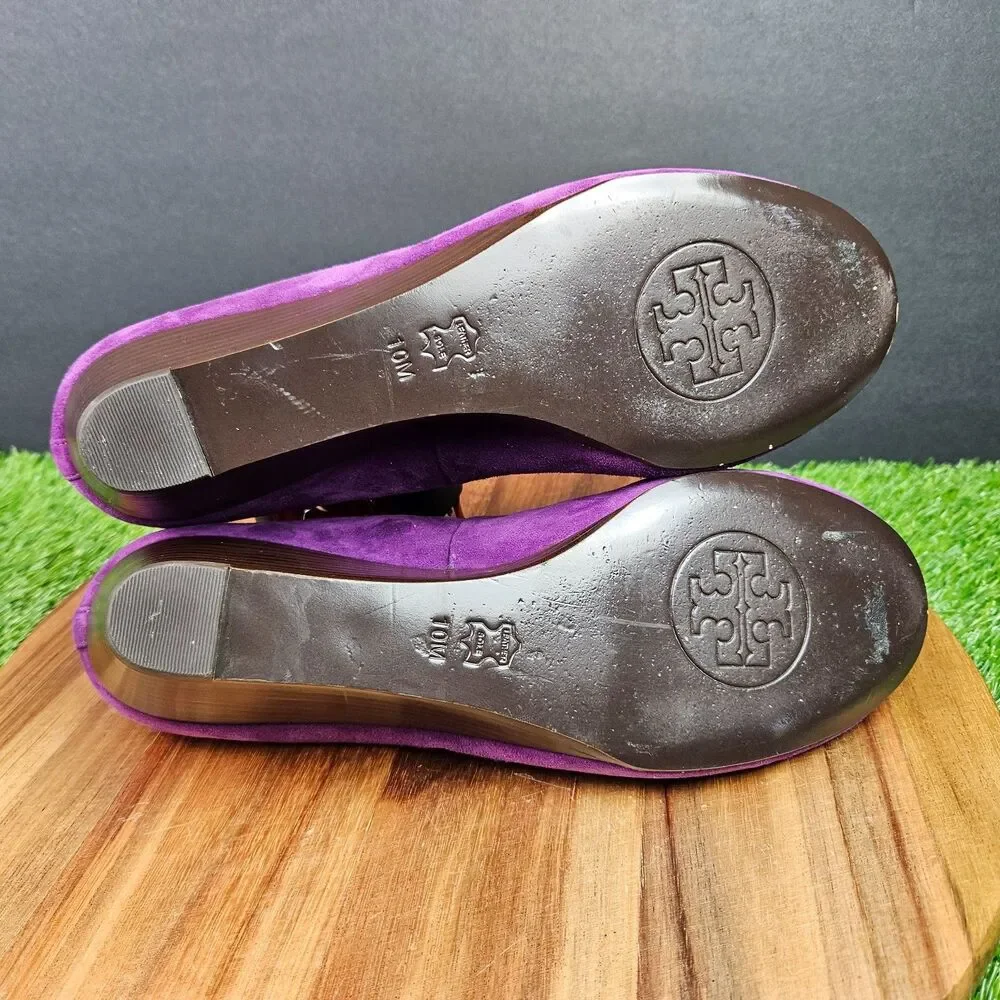Tory Burch Purple Leather Suede Chelsea Wedge Heels Bow Logo Round Toe 10 M
